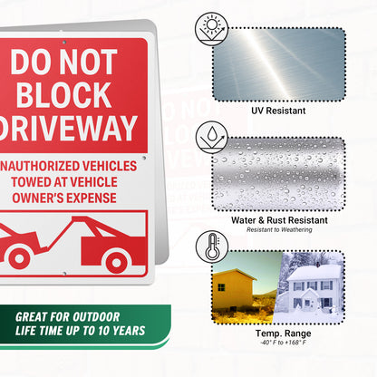 10 x 14in Street Aluminum Signs: Do Not Block Driveway Red Warning (Center Mounting)