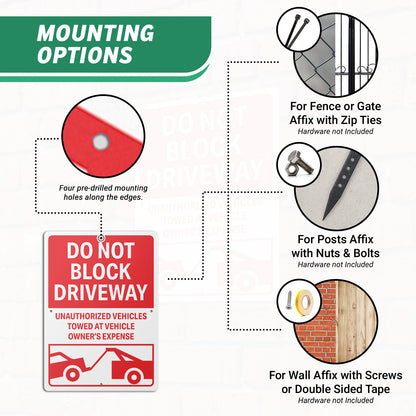 10 x 14in Street Aluminum Signs: Do Not Block Driveway Red Warning (Center Mounting)
