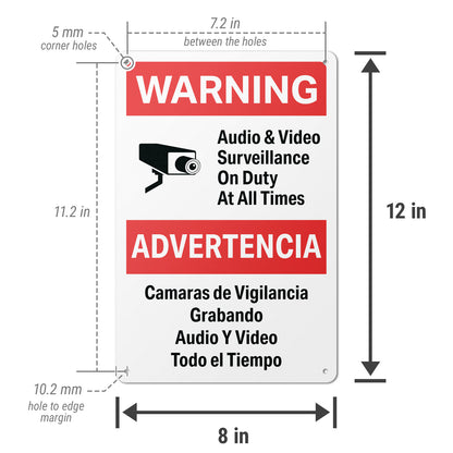 8 x 12in Aluminum Sign: Audio Video Surveillance Warning