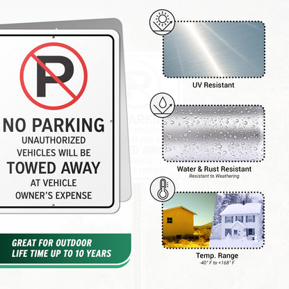 10 x 14in Aluminum Sign: No Parking Unauthorized Vehicles Towed (Center Mount)