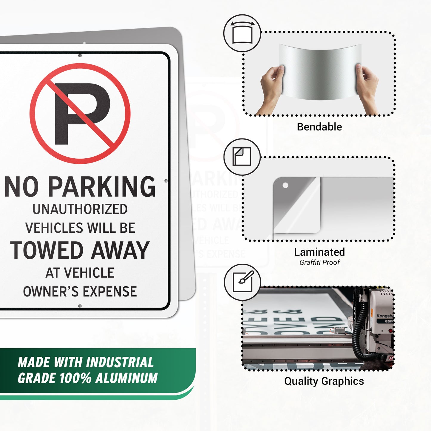 10 x 14in Aluminum Sign: No Parking Unauthorized Vehicles Towed (Center Mount)