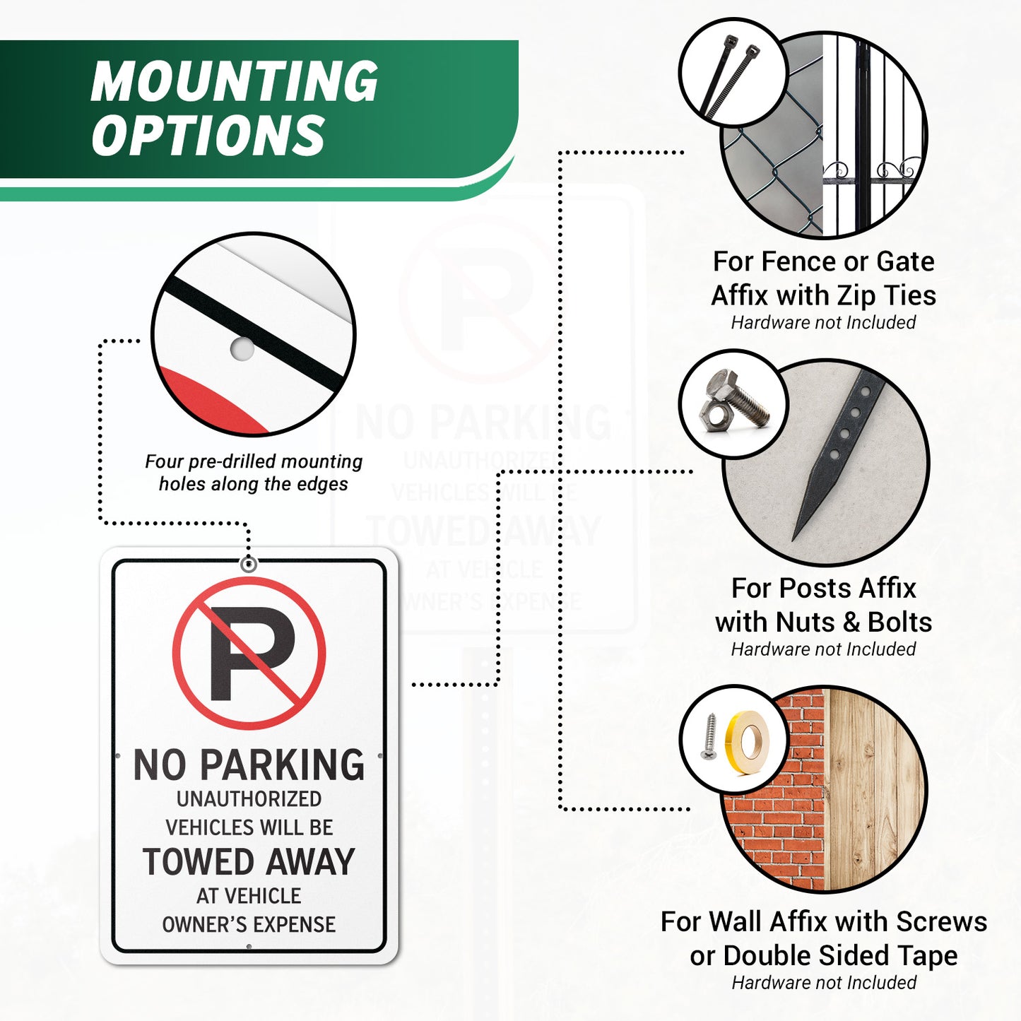 10 x 14in Aluminum Sign: No Parking Unauthorized Vehicles Towed (Center Mount)