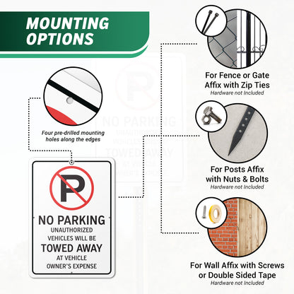 10 x 14in Aluminum Sign: No Parking Unauthorized Vehicles Towed (Center Mount)