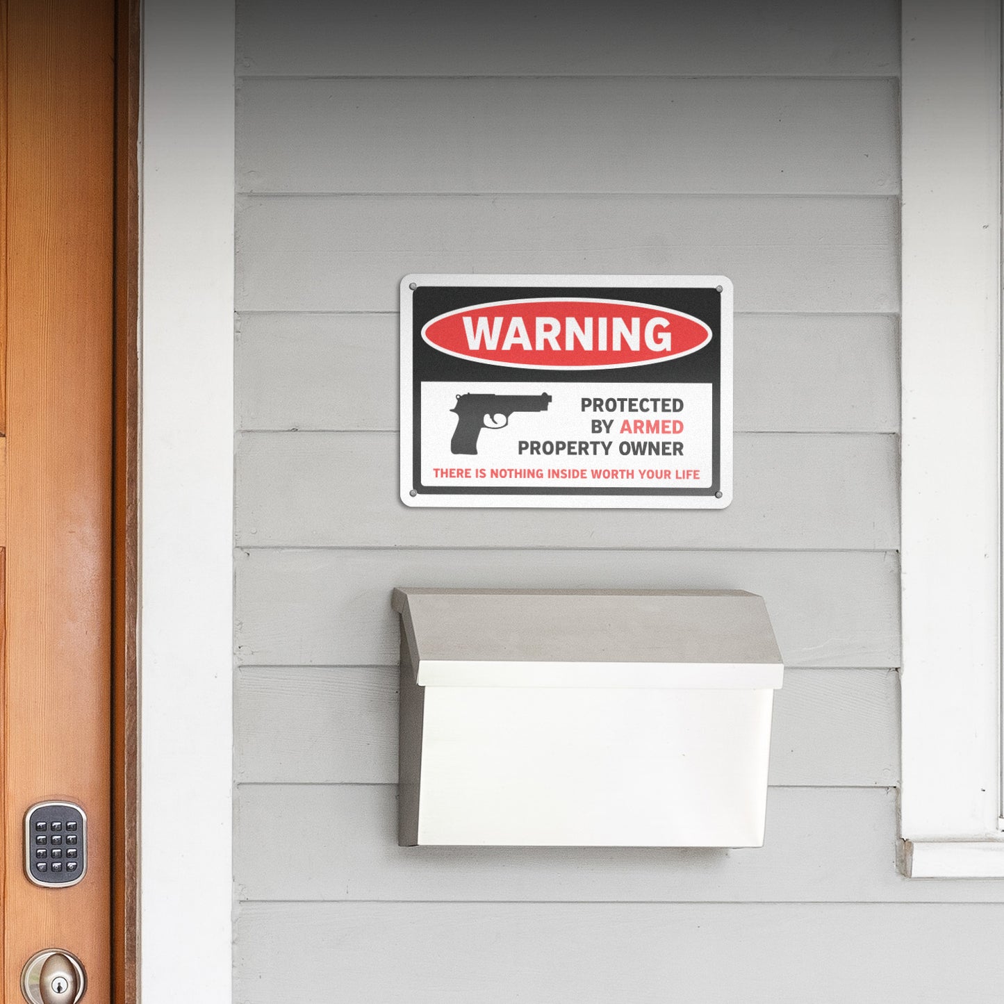 10 x 7in Security Sign: Warning Protected By Armed Property Owner (No Trespassing)