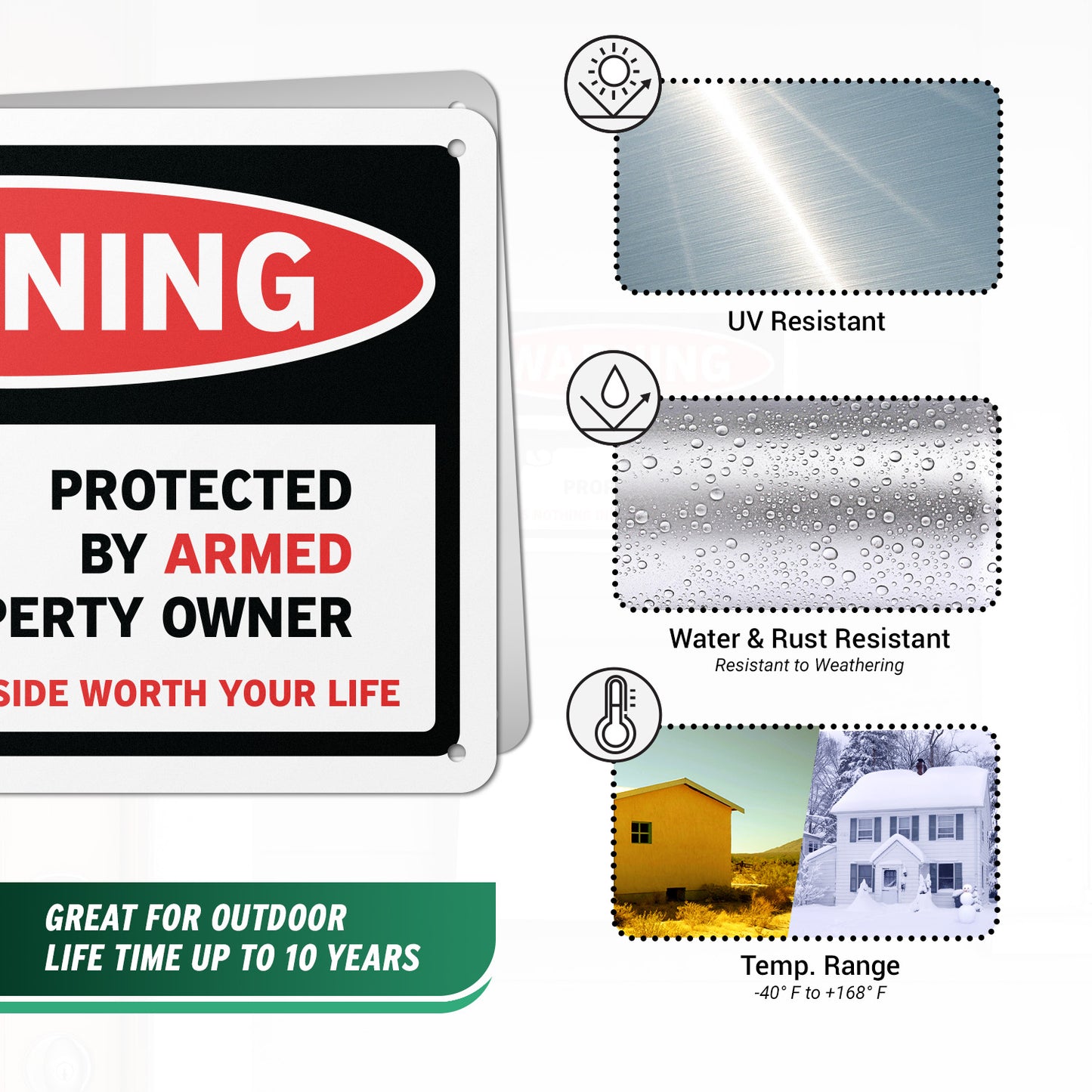 10 x 7in Security Sign: Warning Protected By Armed Property Owner (No Trespassing)