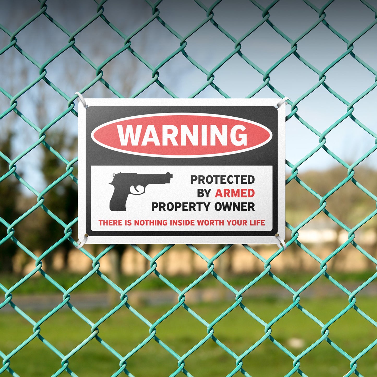 10 x 7in Security Sign: Warning Protected By Armed Property Owner (No Trespassing)