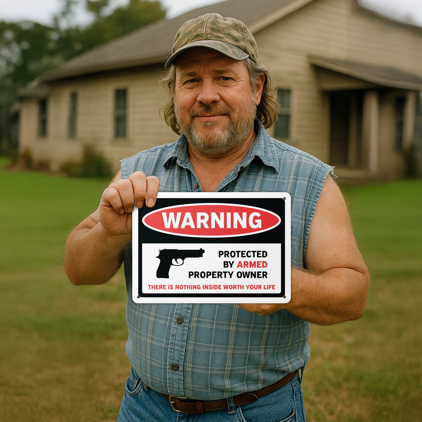 10 x 7in Security Sign: Warning Protected By Armed Property Owner (No Trespassing)