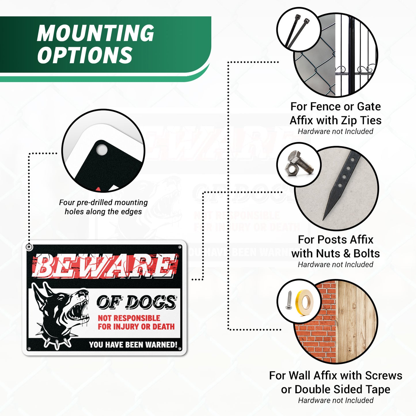 10 x 7in Caution Sign: Beware of Dogs, Not Responsible for Injury or Death