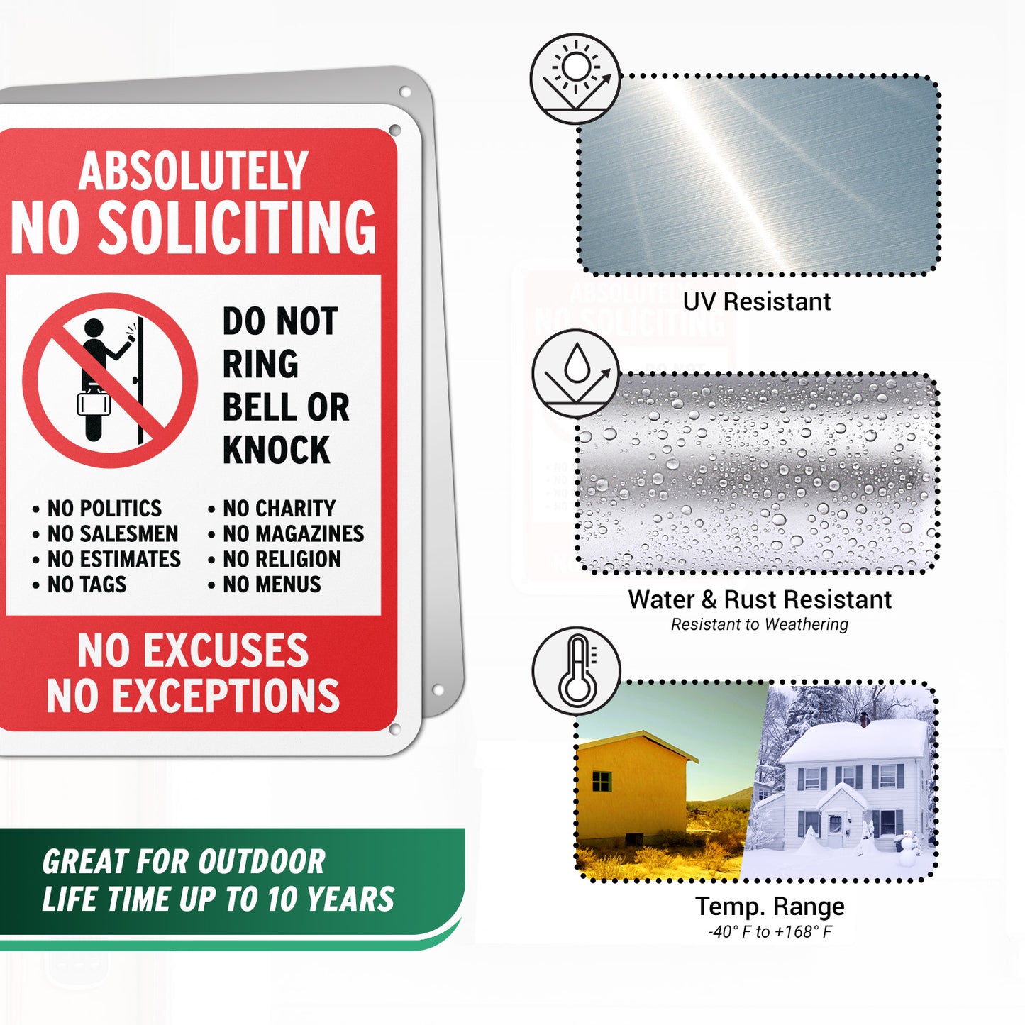 10 x 7in No Soliciting Aluminum Sign: Do Not Ring Bell or Knock