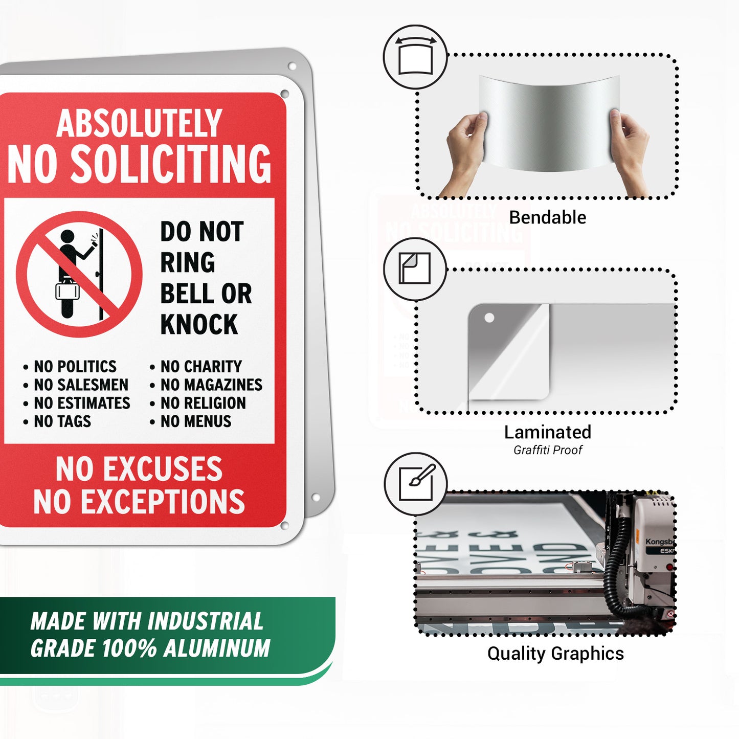 10 x 7in No Soliciting Aluminum Sign: Do Not Ring Bell or Knock