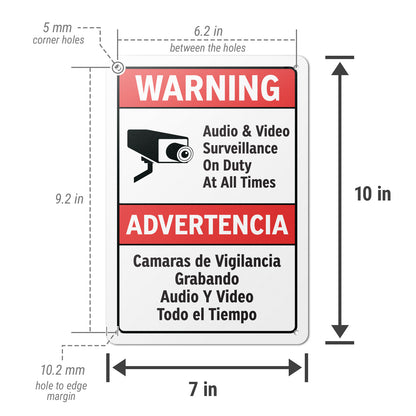 7 x 10in Warning Sign: Audio & Video Surveillance Advertencia (Bilingual)