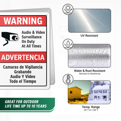 7 x 10in Warning Sign: Audio & Video Surveillance Advertencia (Bilingual)