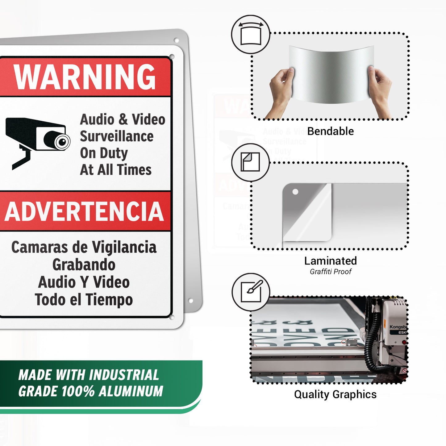 7 x 10in Warning Sign: Audio & Video Surveillance Advertencia (Bilingual)