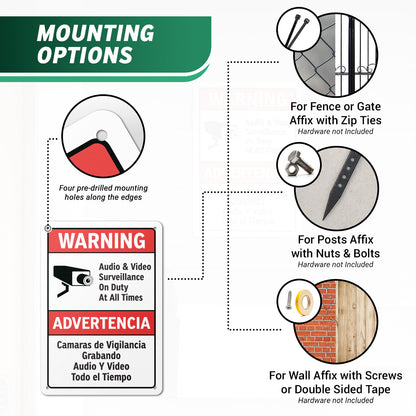 7 x 10in Warning Sign: Audio & Video Surveillance Advertencia (Bilingual)