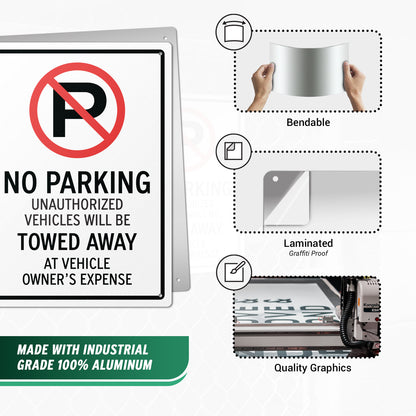 10 x 14in Aluminum Sign: No Parking Unauthorized Vehicles Towed (Corner Mount)