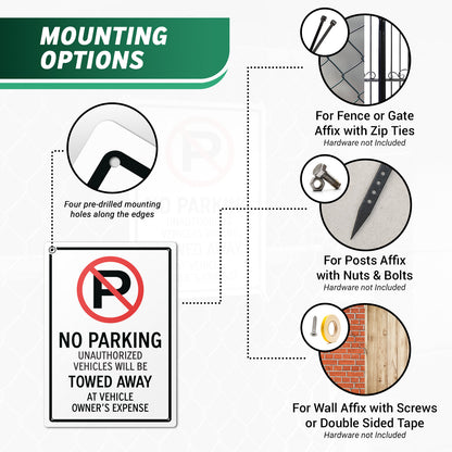 10 x 14in Aluminum Sign: No Parking Unauthorized Vehicles Towed (Corner Mount)