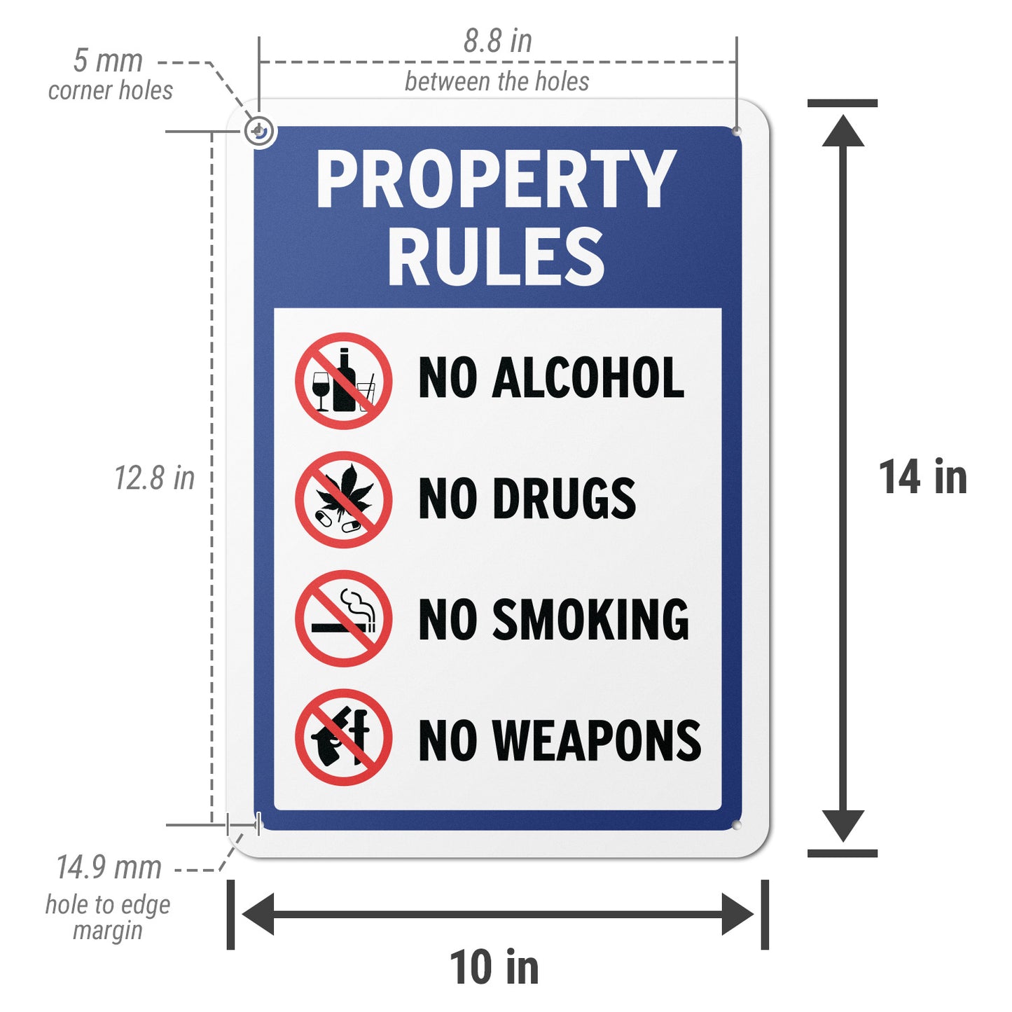 10 x 14in Property Rules Sign: No Alcohol, No Drugs, No Smoking, No Weapons