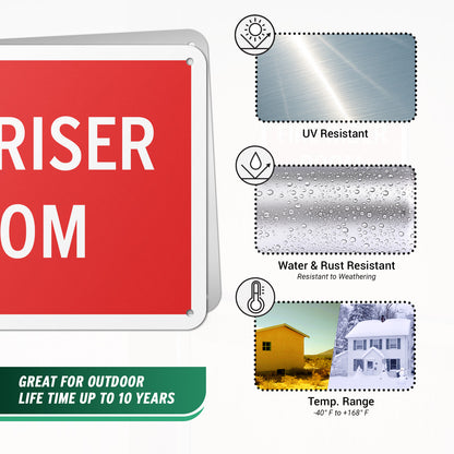 10 x 7in Aluminum Sign: Fire Riser Room Safety Warning