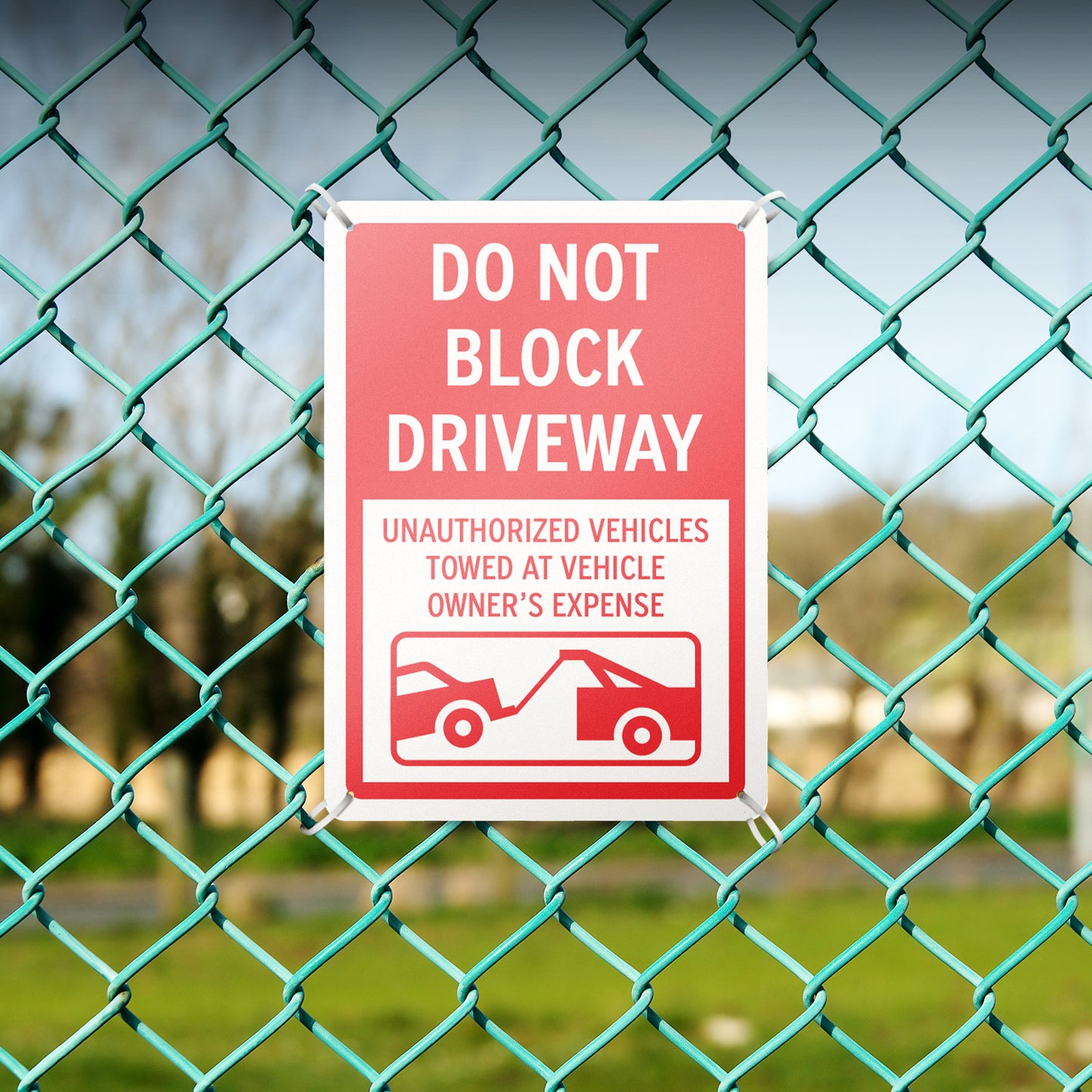 10 x 14in Street Aluminum Signs: Do Not Block Driveway Red Warning (Corner Mount)
