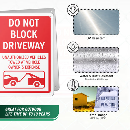 10 x 14in Street Aluminum Signs: Do Not Block Driveway Red Warning (Corner Mount)