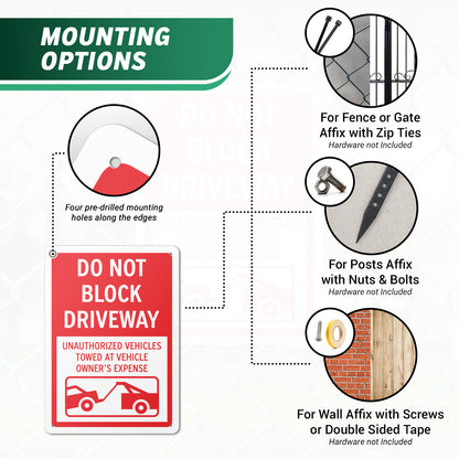 10 x 14in Street Aluminum Signs: Do Not Block Driveway Red Warning (Corner Mount)
