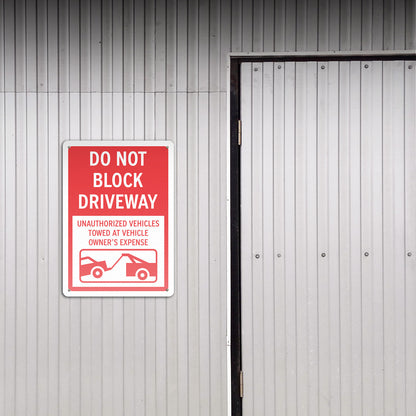 10 x 14in Street Aluminum Signs: Do Not Block Driveway Red Warning (Corner Mount)