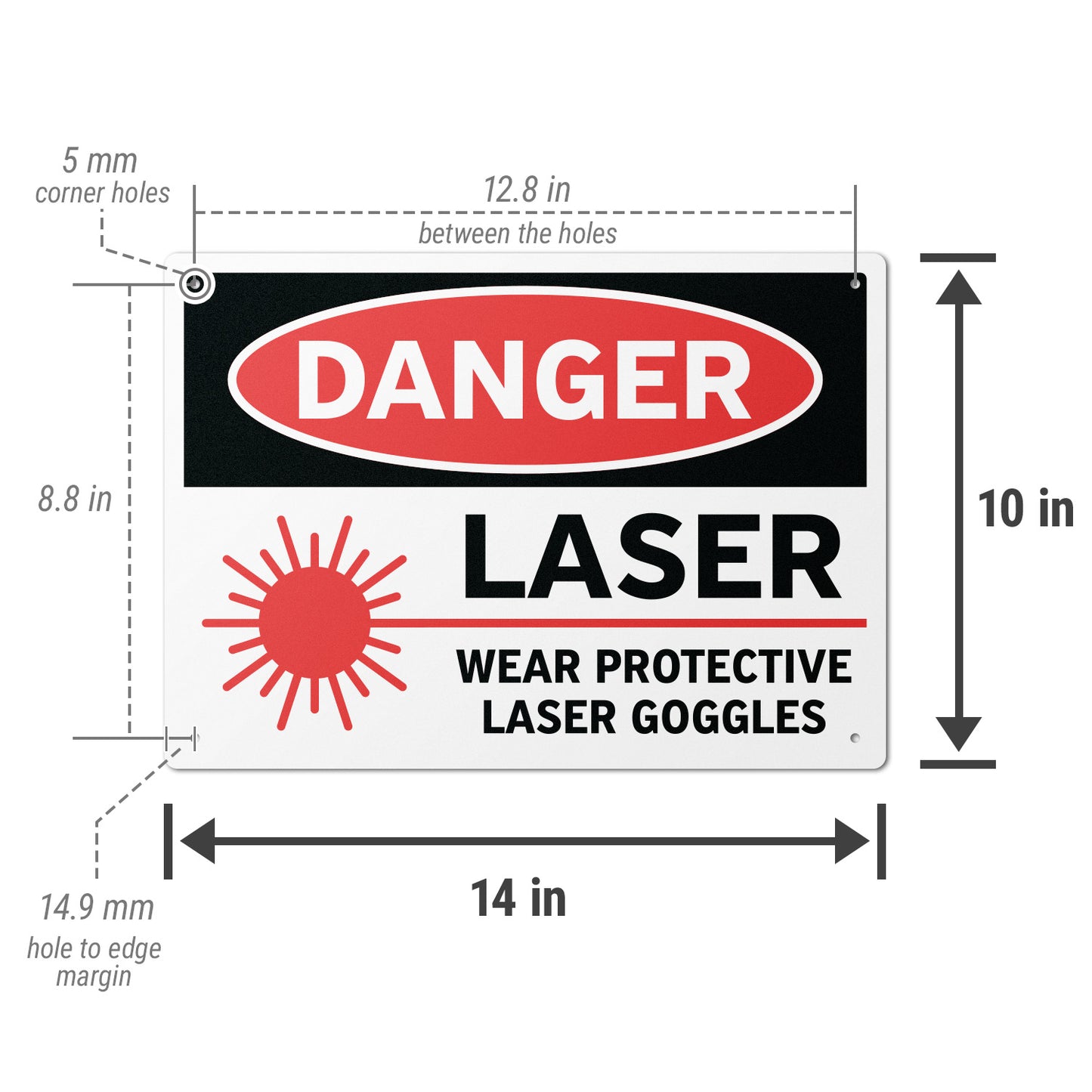14 x 10in Safety Sign: Danger Laser Wear Protective Goggles
