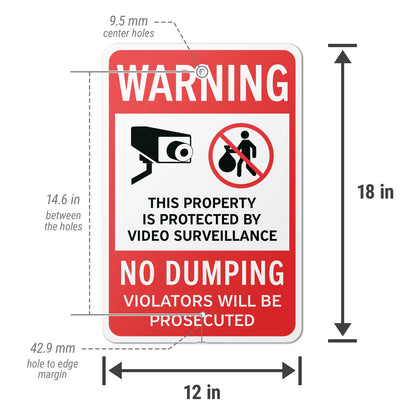 12 x 18in Security Sign: Warning No Dumping, Video Surveillance