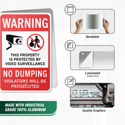 12 x 18in Security Sign: Warning No Dumping, Video Surveillance