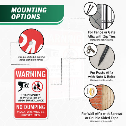 12 x 18in Security Sign: Warning No Dumping, Video Surveillance