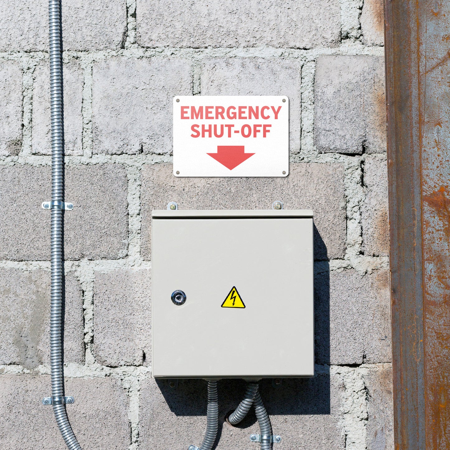 10 x 7in Safety Sign: Emergency Shut-Off with Arrow