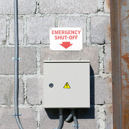 10 x 7in Safety Sign: Emergency Shut-Off with Arrow
