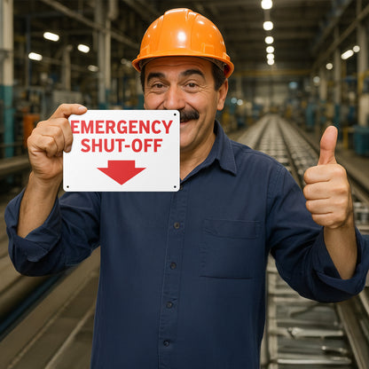 10 x 7in Safety Sign: Emergency Shut-Off with Arrow