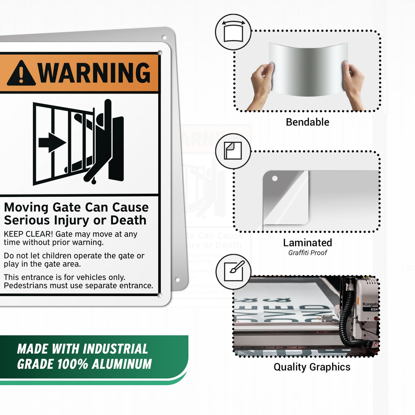 7 x 10in Warning Aluminum Sign: Moving Gate Safety