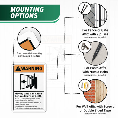 7 x 10in Warning Aluminum Sign: Moving Gate Safety