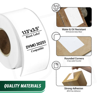 1.13 x 3.5in Address Labels: Dymo Compatible 30251 Bright White