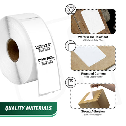 1.13 x 3.5in Address Labels: Dymo Compatible 30252 Bright White