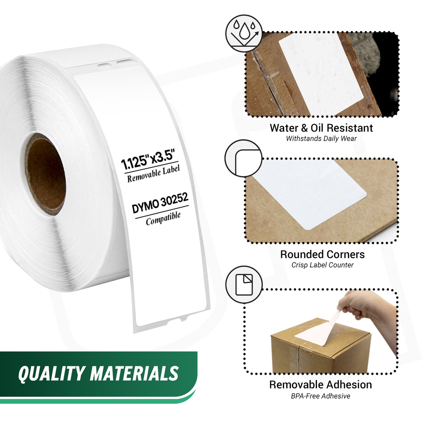 1.13 x 3.5in Removable Address Labels: Dymo Compatible 30252R Bright White