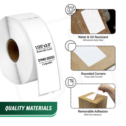 1.13 x 3.5in Removable Address Labels: Dymo Compatible 30252R Bright White