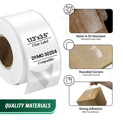 1.13 x 3.5in Translucent Address Labels: Dymo Compatible 30254 Clear-Frosted