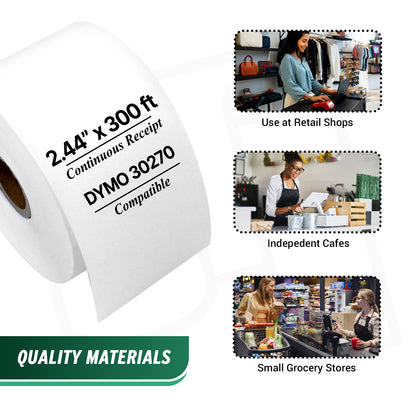 2.44 x 300ft Continuous Receipt Labels: Dymo Compatible 30270 White
