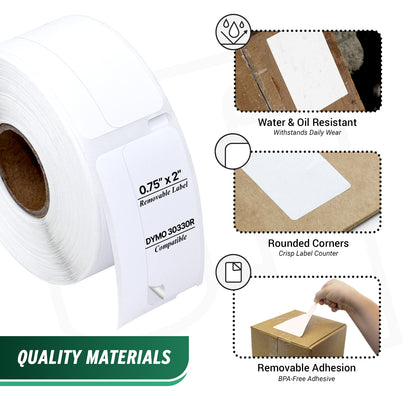 0.75 x 2in Removable Return Address Labels: Dymo Compatible 30330R Bright White