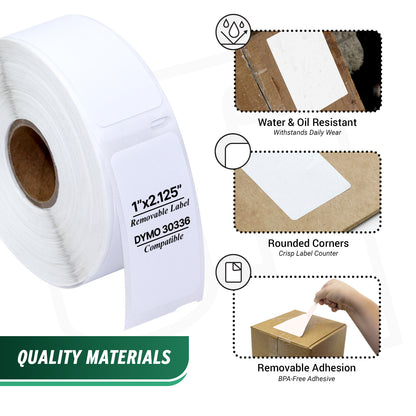 1 x 2.13in Removable Small Multipurpose Labels: Dymo Compatible 30336R Bright White