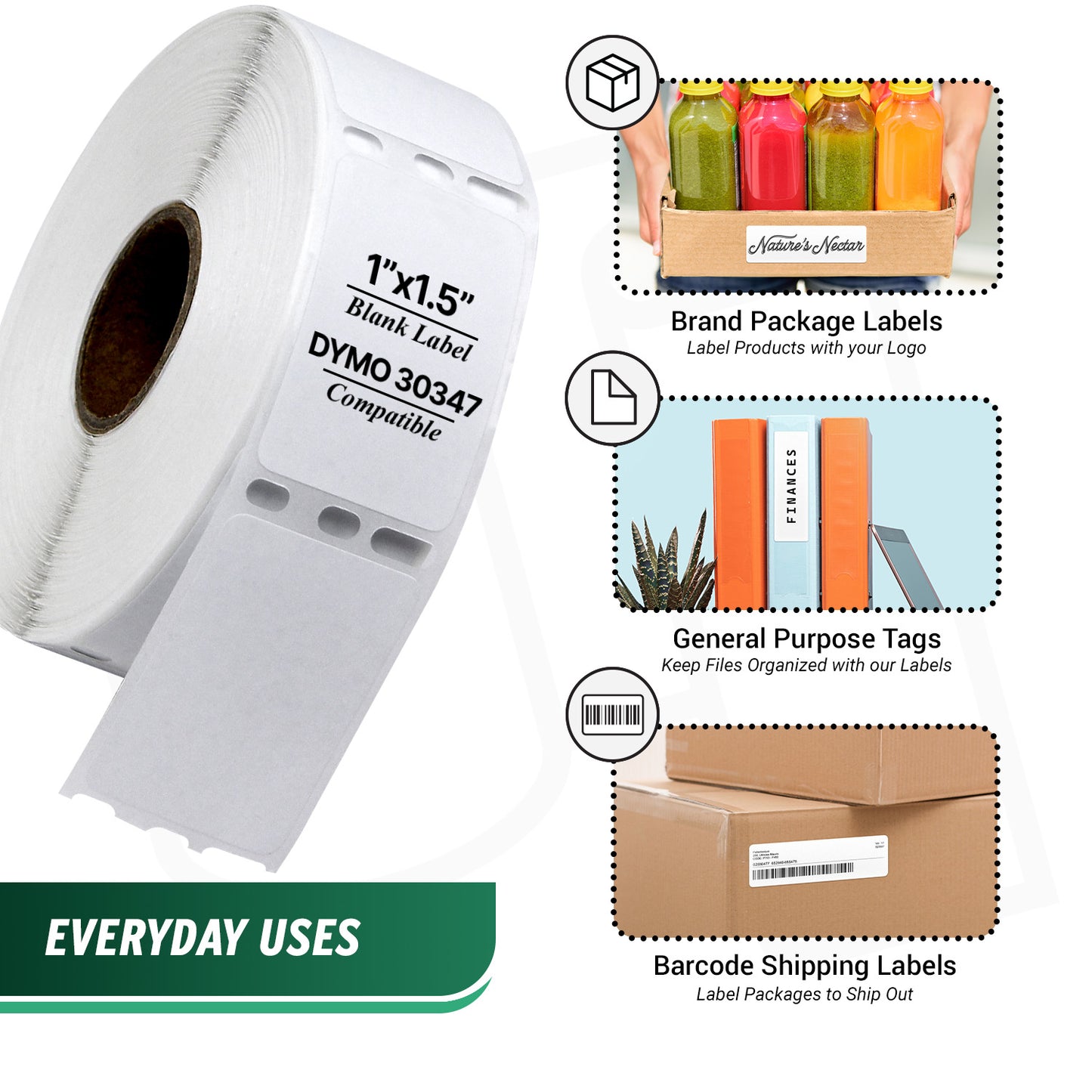 1 x 1.5in Book Spine Labels: Dymo Compatible 30347 Bright White