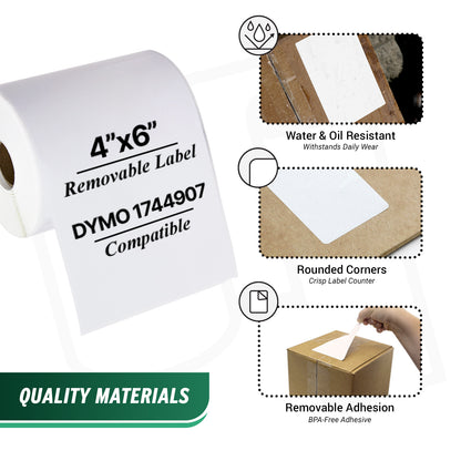 4 x 6in Removable 4XL Shipping Labels: Dymo Compatible 1744907R Bright White