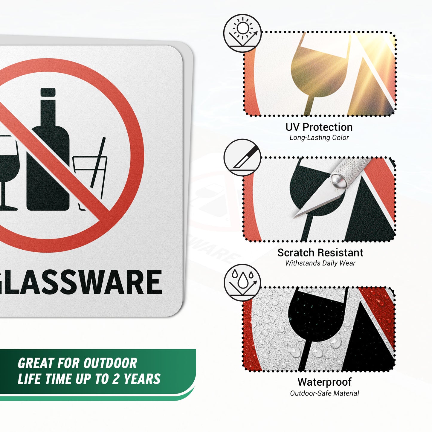 6 x 6in Floor Decal: No Glassware Pool Safety Sign (2-Pack)