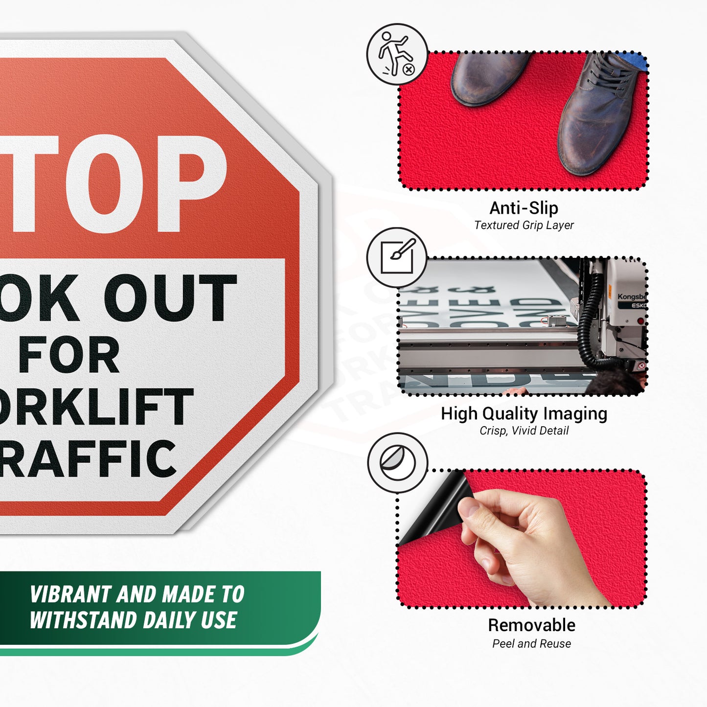 17 x 17in Floor Decals: Stop, Look Out For Forklift Traffic (2-Pack)