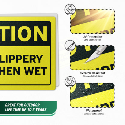 6 x 4in Warning Sticker: Caution Slippery When Wet Floor Sign (2-Pack)
