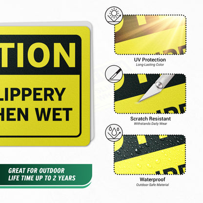 8 x 5.3in Warning Label: Caution Slippery When Wet Sticker (2-Pack)