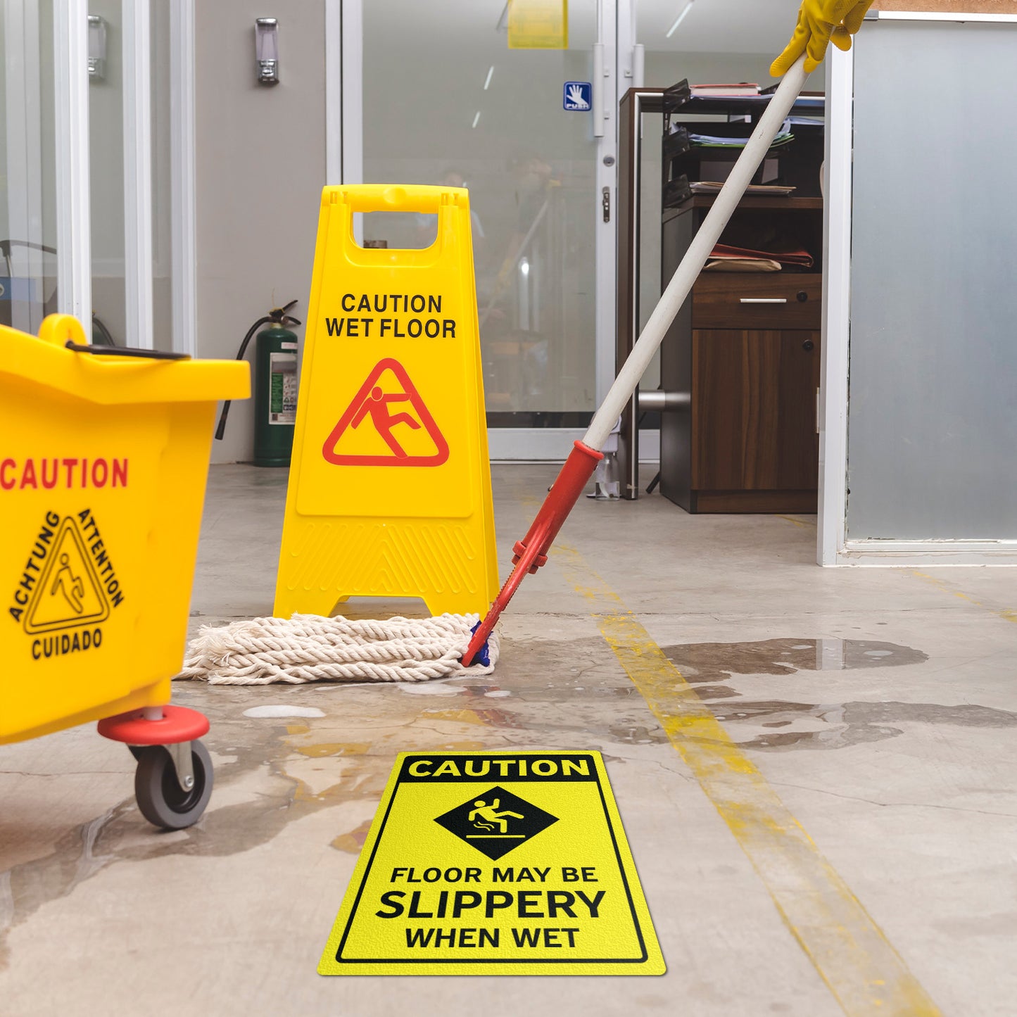 12 x 9in Floor Decals: Caution Floor May Be Slippery When Wet (2-Pack)